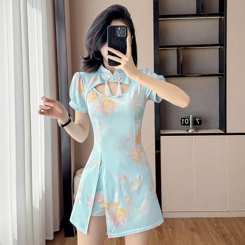 新中式国风工作服足浴足疗女技师工装衣服覆古改良旗袍连衣裙