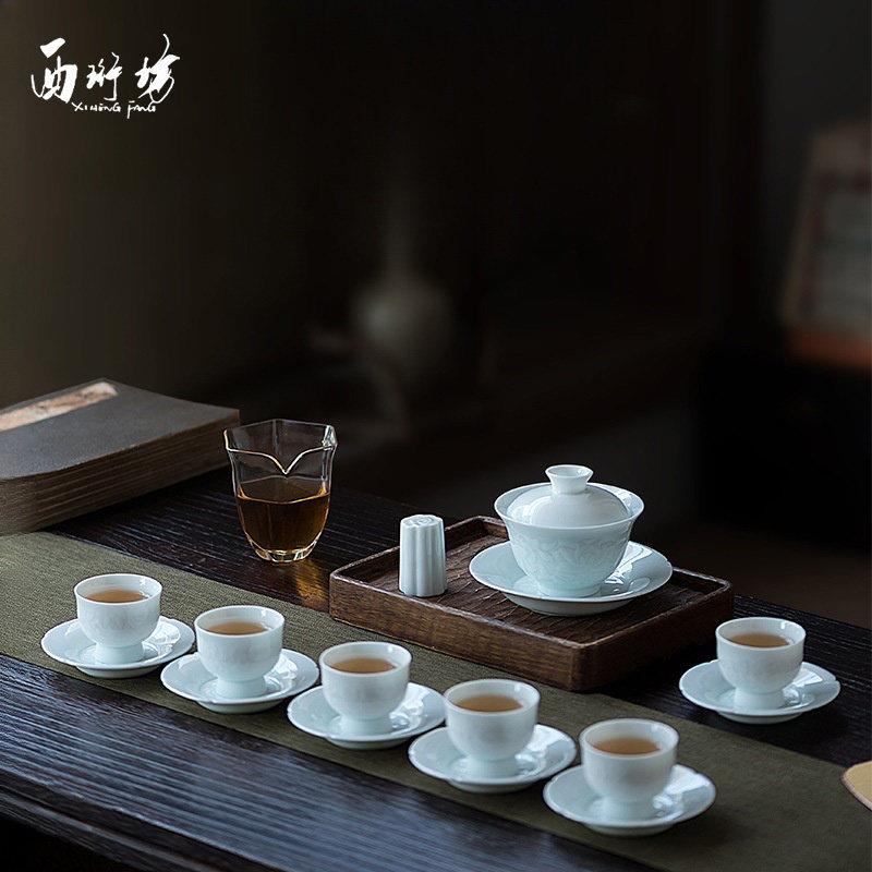 彷宋代手压迎清功夫茶具有盖碗套家用高档陶瓷茶杯及杯垫全套