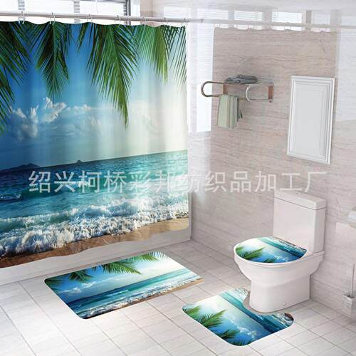 海滩风景系列帘帘浴室窗帘浴浴室跨境浴帘码印无数花厂家直供