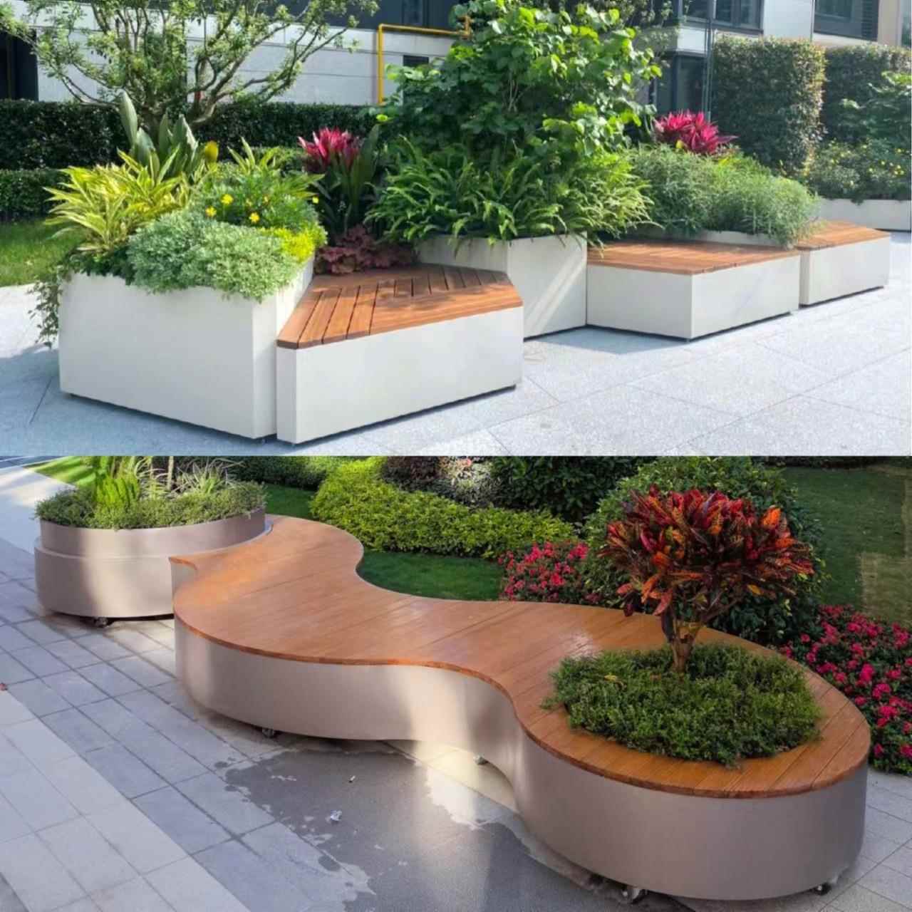 户366外花箱凳组合公业商街广场不锈钢花坛塑木实木园座椅花坐槽