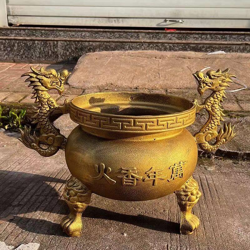 大型香炉寺庙生铁铸造双龙圆形特大号祠堂室内家用铸铁供奉