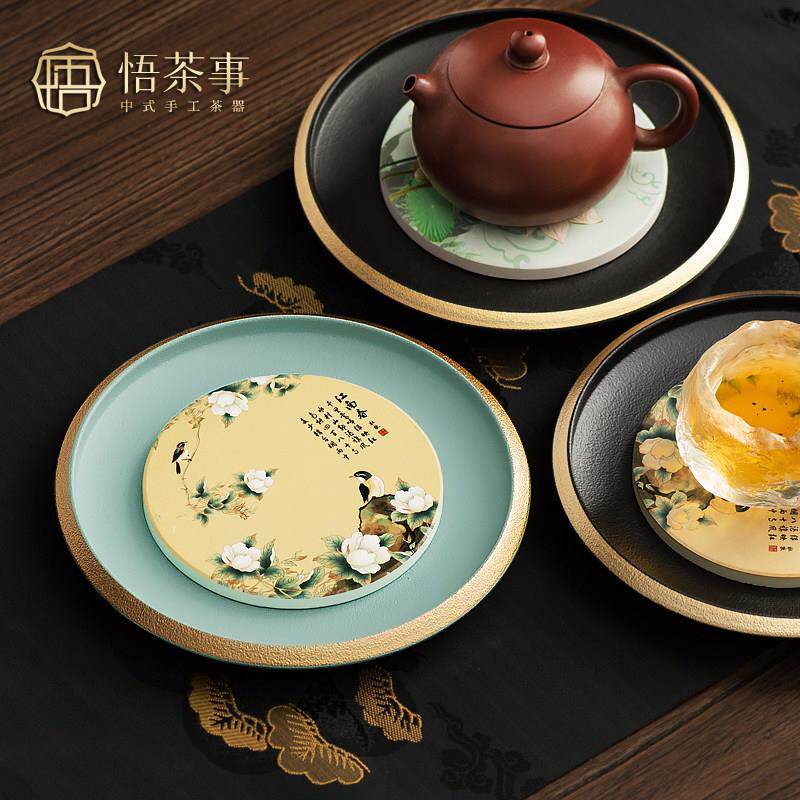 复古黑陶圆形陶瓷茶壶托盘蓄水壶垫茶托小型干泡台粗陶吸水壶承