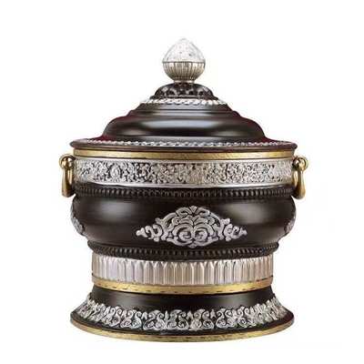 藏式格桑花合金糌粑盒款雕刻高脚果盘收纳罐直筒罐家用摆件