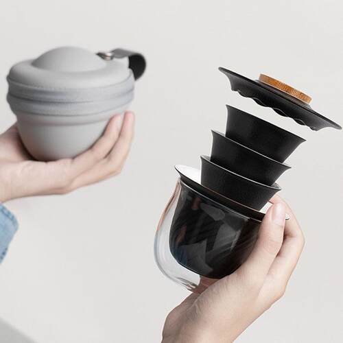 新款直销ET小白快客杯 旅行茶具套装便携包 盖碗出水陶瓷防烫功夫