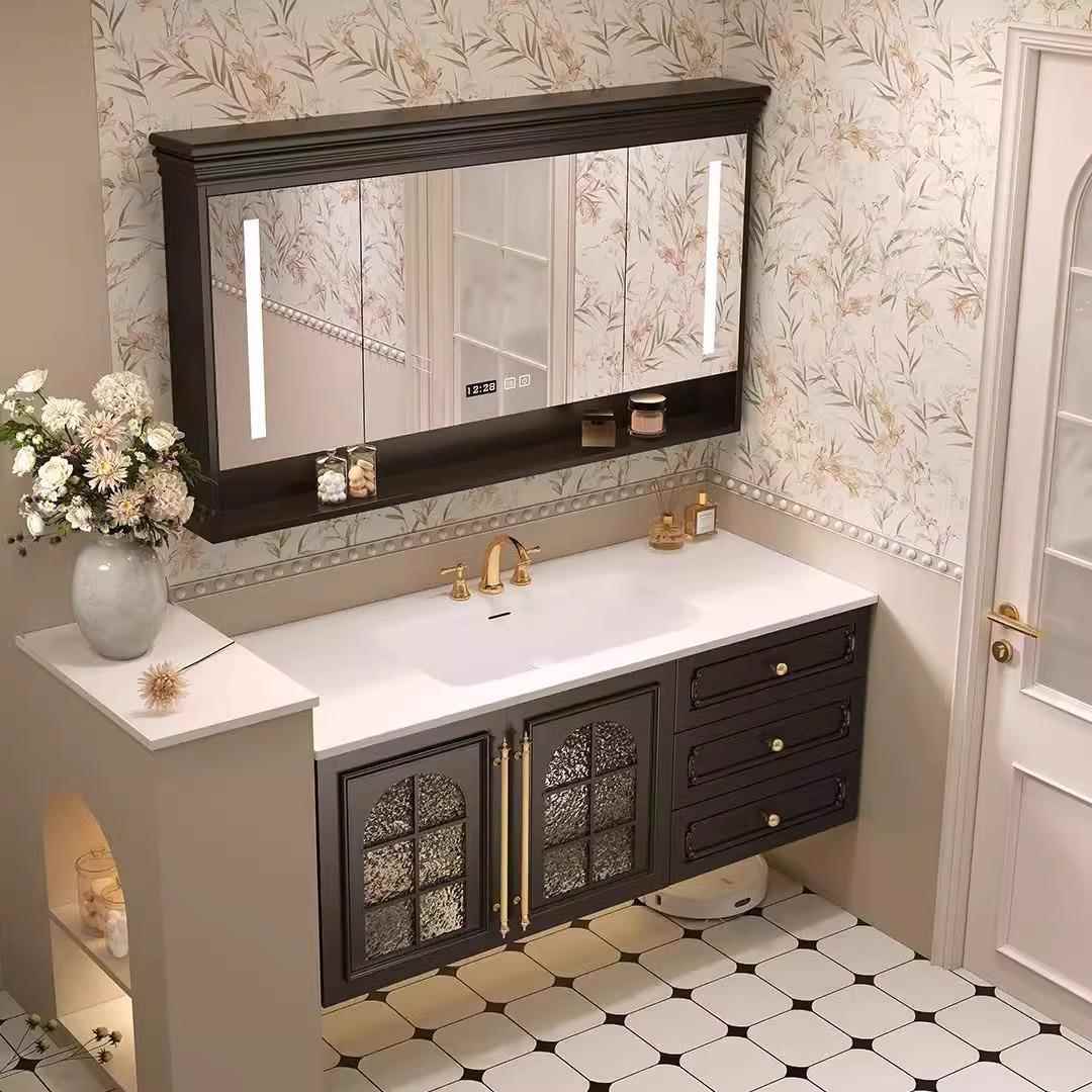 法式复古橡木浴室柜组合可丽耐一体盆卫生间洗手洗脸洗漱台柜组合