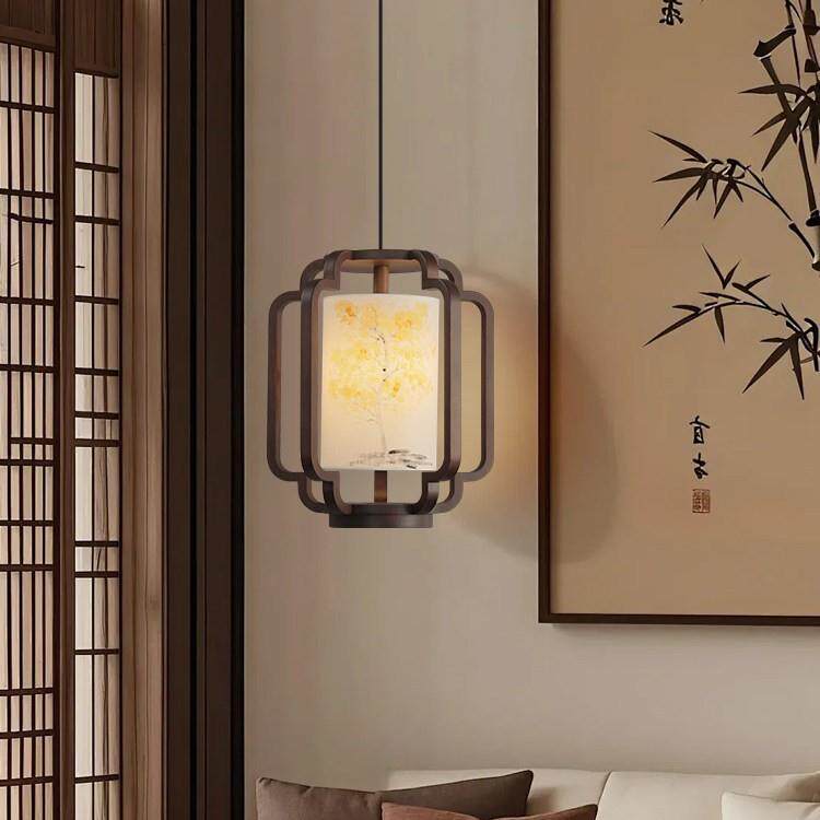 新中式木质吊灯玄关餐厅手绘布艺灯罩LED光源古典茶室楼梯吊灯具