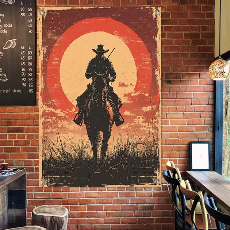 复古怀旧西部牛仔装饰画布美式酒馆咖啡厅清吧日落挂布背景布