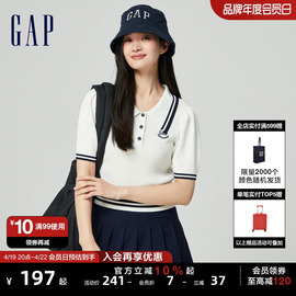 gap女装2024春夏logo撞色条纹，泡泡袖翻领针织衫短上衣891736