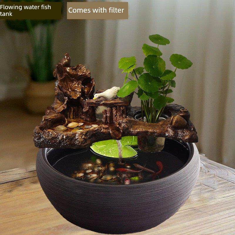 圆形鱼缸过滤循环水创意饰品客厅桌面古景观陶瓷小金鱼缸