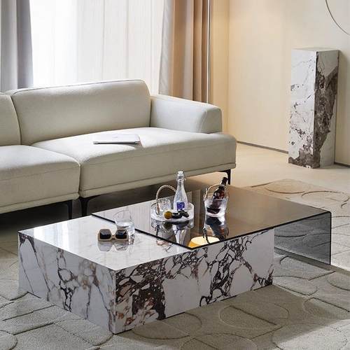 轻意玻式RLU高简端奢设计极简约可伸缩钢化璃奢石岩板茶几电视柜