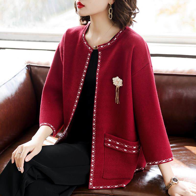 中年妈妈秋装洋派短款外套喜婆婆婚宴装中老年人结婚礼服针织开