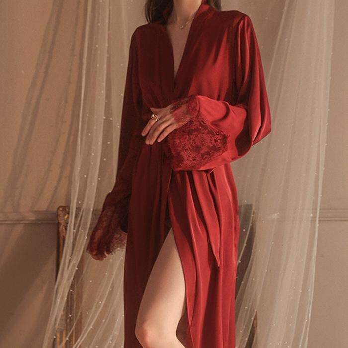 长款真丝吊带睡裙大码红色结婚睡衣女新娘晨袍高级感婚礼拍照套装