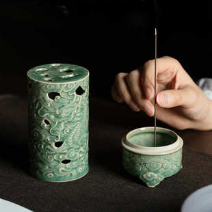 越窑青瓷三足龙踏祥云香炉家用室内沉香立式 熏香线香插香座盘