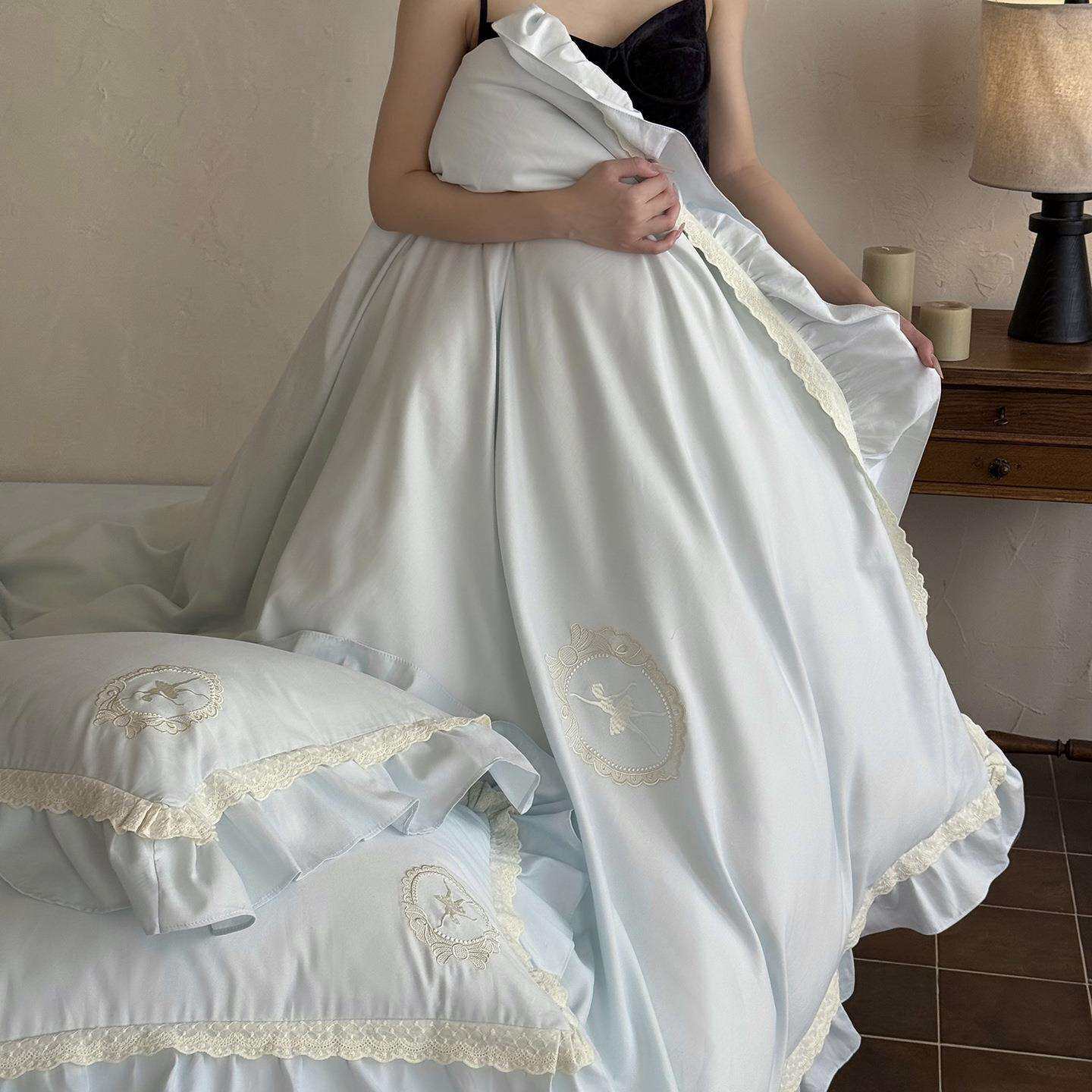 简约全棉磨毛四件套法式小清新少女心长绒棉秋冬加厚保暖花边床品