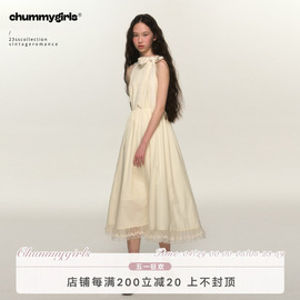 chummygirls原创法式芭蕾，挂脖系带蝴蝶结，蕾丝连衣裙温柔收腰长裙