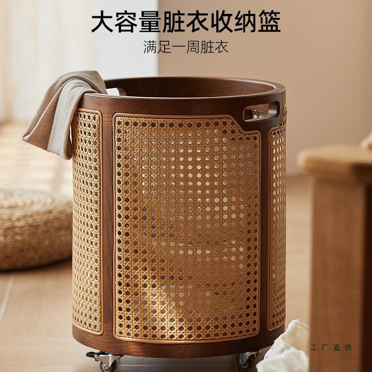家用藤编圆形脏衣篓毛毡玩具脏衣服卧室杂物收纳筐带盖收纳篮
