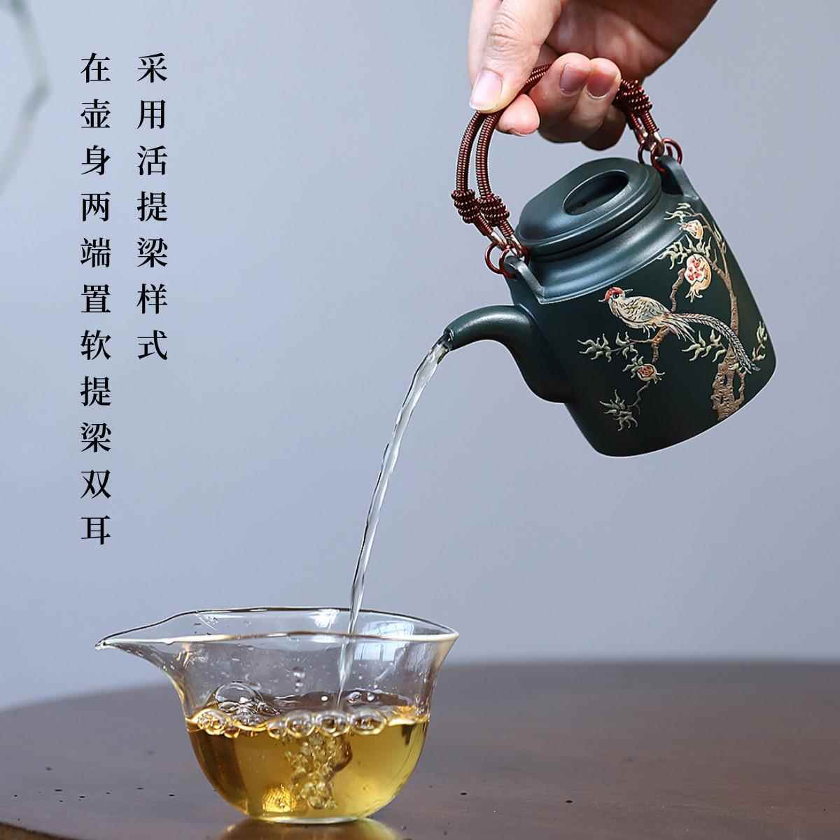 宜紫砂壶洋桶壶泥提梁壶原矿兴天青泥如吉KQO祥意纯全手工绘泡茶