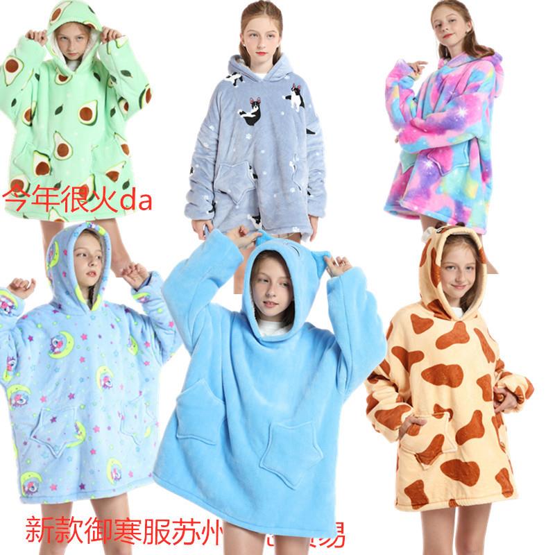 跨境印花懒人服套头抓绒衣连帽睡袍电视毯户外棉服防寒衣卡通保暖