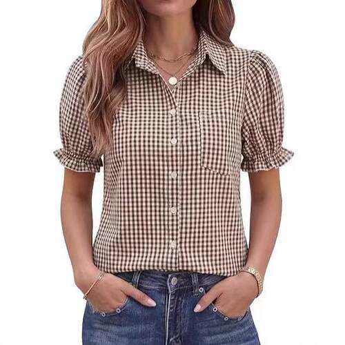 Womens Puff Short Sleeve Blouses Summer Casual Half Button