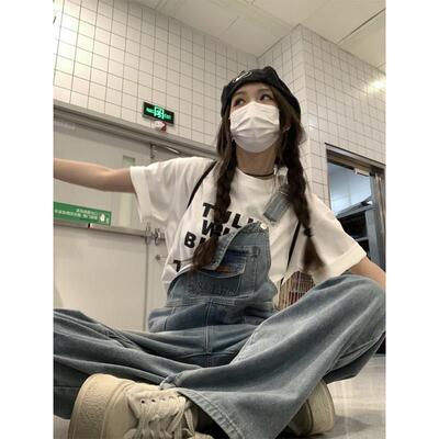 牛仔背带裤女夏美式覆古减龄显瘦宽松直筒盐系工装阔腿拖地连体裤
