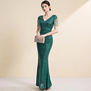 晚礼服女高级感气质宴会年会主持人高端亮片鱼尾裙秋冬季端庄大气