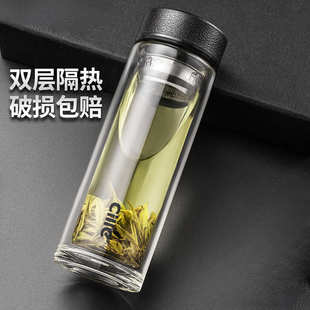 办公室杯 加厚双层皮纹盖玻璃杯隔热家用泡茶杯便携大容量男士
