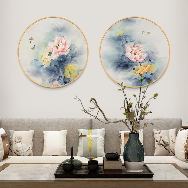 新中式富贵牡丹花国画风手绘油画客厅玄关餐厅房间茶室圆形装饰画图片
