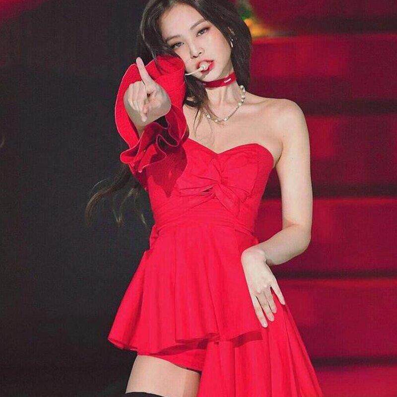 Blackpink金智妮jennie同款红色露肩上衣蝴蝶结舞蹈裙演出打歌服