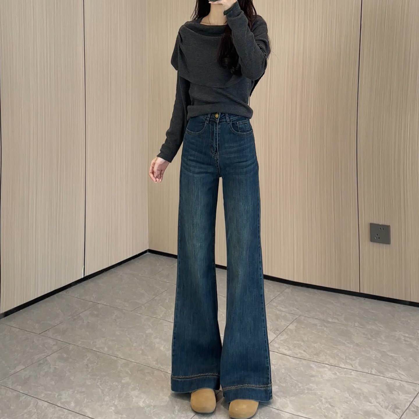 PLER复古蓝阔腿加绒牛仔裤女2025秋冬新款高腰弹力直筒显瘦喇叭裤