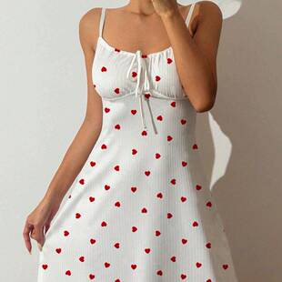 Women Heart Cami Nightgown Bow Tie Fitted Casual Sexy Knit