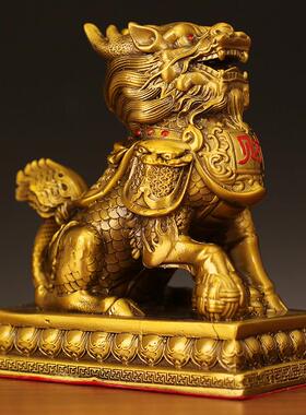 新款直销黄铜财福麒麟全铜麒麟摆件一对家居客厅办公室店铺装饰铜