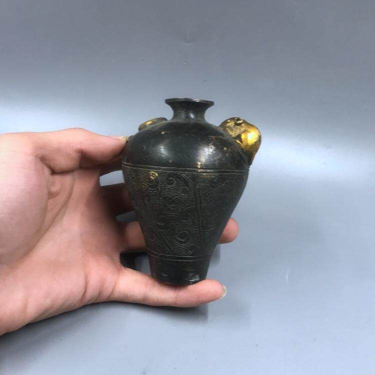 新款直销仿古古玩杂项收藏 黄铜纯铜鎏金小花瓶 蛇鼠图案花瓶单个
