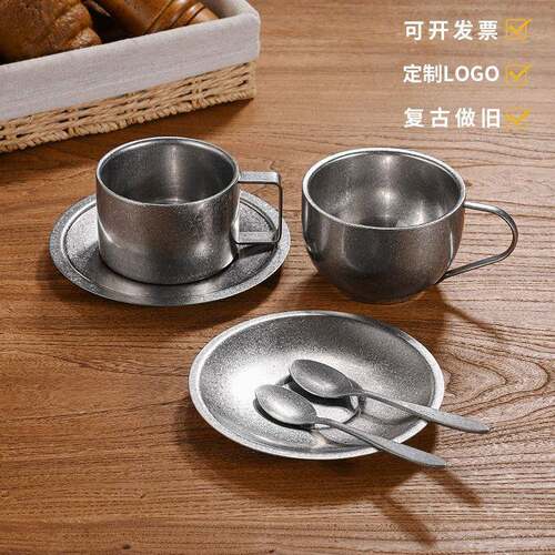 古咖啡杯欧式3砂04不锈钢咖啡杯磨做旧马克奶茶杯双层防复杯烫杯
