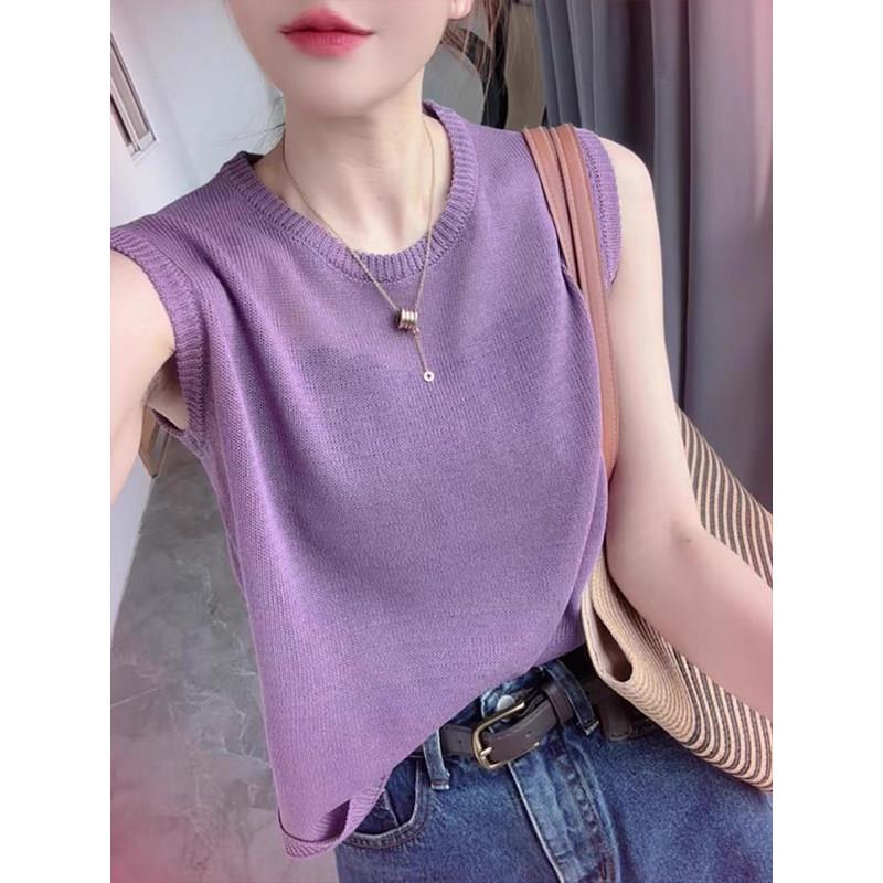 冰丝纯色无袖T恤女夏季2026新款薄宽松显瘦设计感针织衫背心上衣