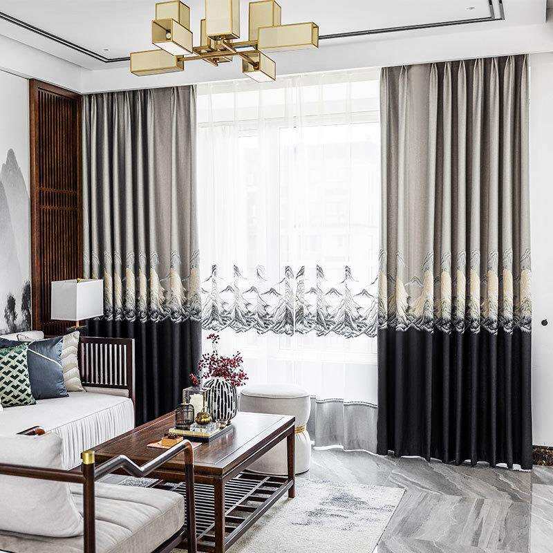 中遮光窗帘中2024山居秋暝新风款客厅山水风景画卧室国式风纱帘田