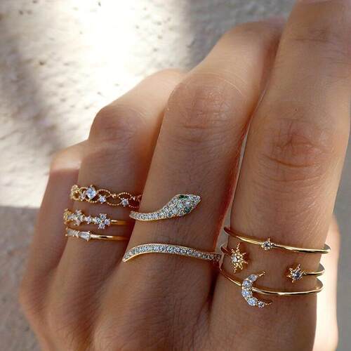 Ring set 7 pieces星星月亮镶钻戒指覆古蛇形关节戒7件套组合套装