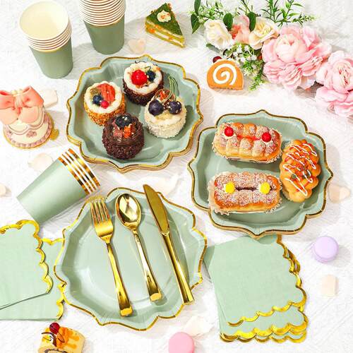 Green Party Supplies Home Decoration绿色一次性纸盘杯派对用品