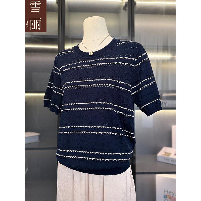 时尚休闲冰丝针织衫女短袖妈妈装夏装新款上衣气质百搭中老年T恤