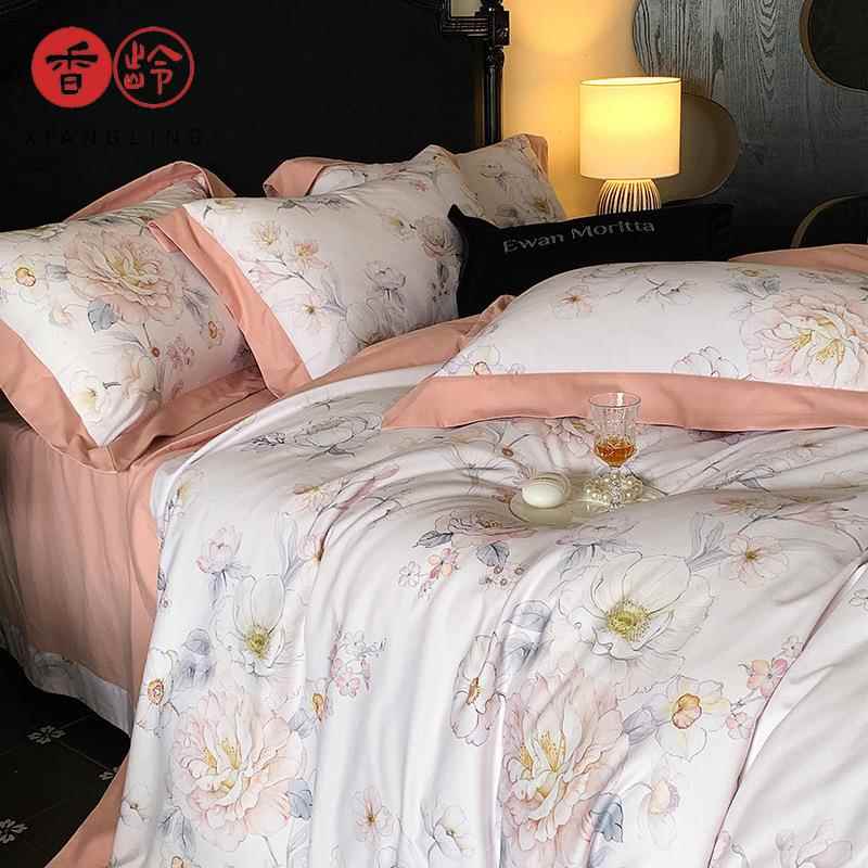 式浪美用漫轻奢加厚全棉ZJF259磨毛四件套棉田园风红色纯玫瑰秋冬