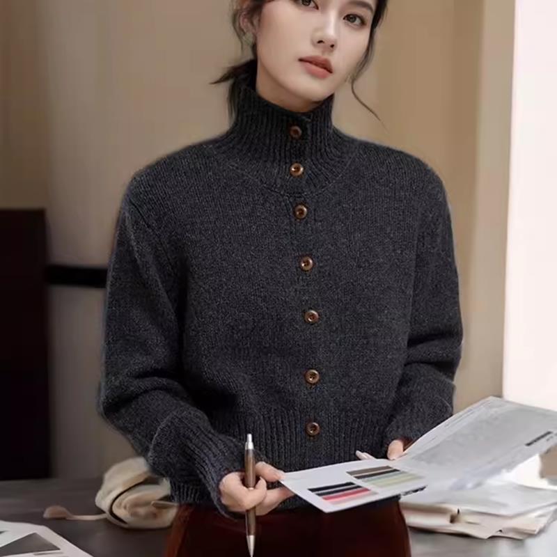 法式复古短款立领100%羊毛开衫外套女秋季内搭打底高领针织衫上衣