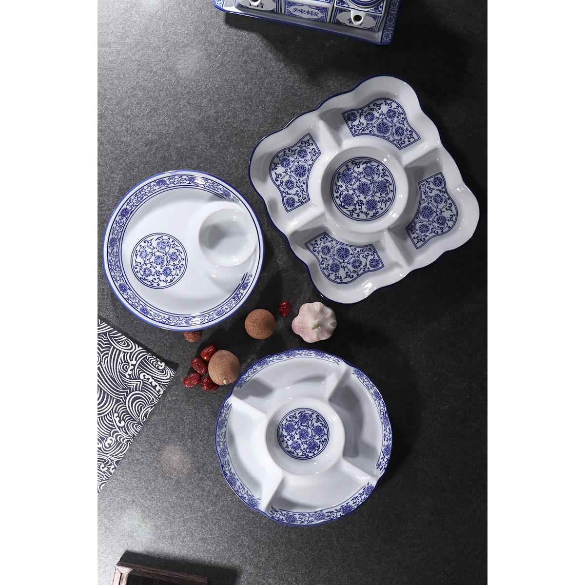 青花釉下彩陶瓷五果格异形盘碟不规则盘圆形正方形干果糖果饺子盘