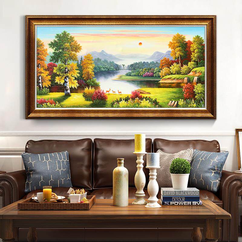 欧式手绘风景油画玄关客厅山水招财装饰画福禄聚宝盆三只小鹿壁画