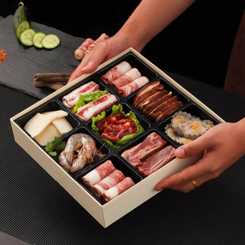 卡木龙九宫格一次性烤肉外送打包盒火锅盘子烧烤便当盒高档露营盒