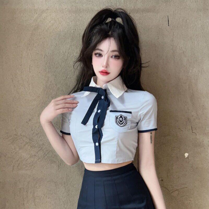 夏季学院风格短袖衬衫女士设计小众短制服纯欲望热辣女孩衬衫蝴蝶