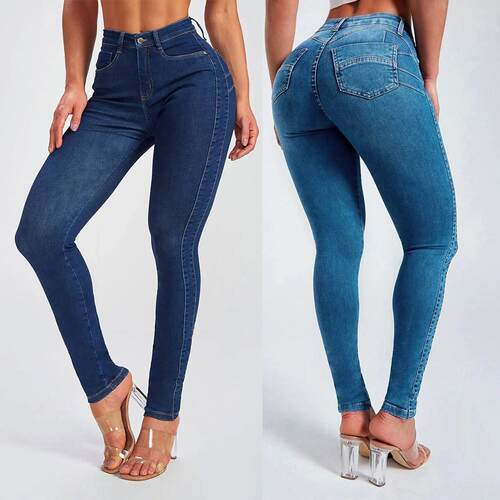 Hip hugging short leg elastic high waisted jeans for