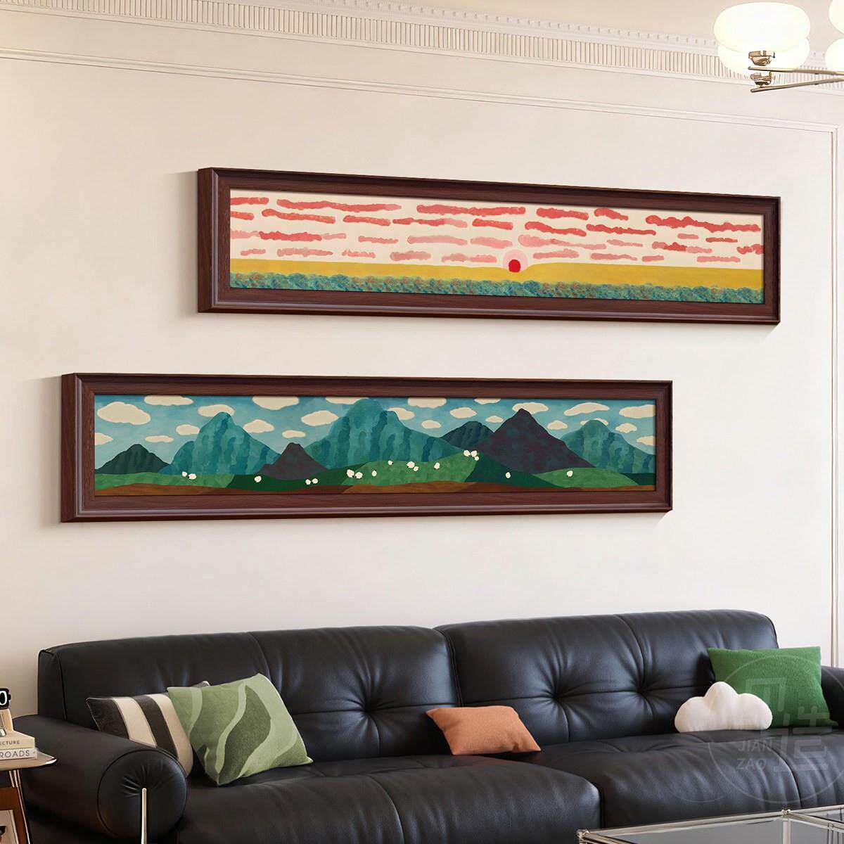 中古风背有靠山沙发背景墙装饰画复古绿色系风景高级日照金山挂画