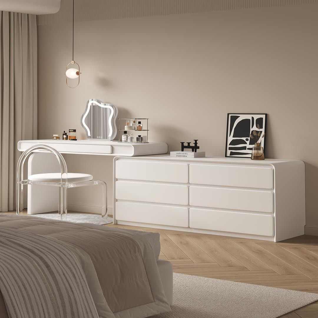 奶油风法式白色梳妆台收纳一体斗柜现代简约卧室实木可伸缩化妆桌
