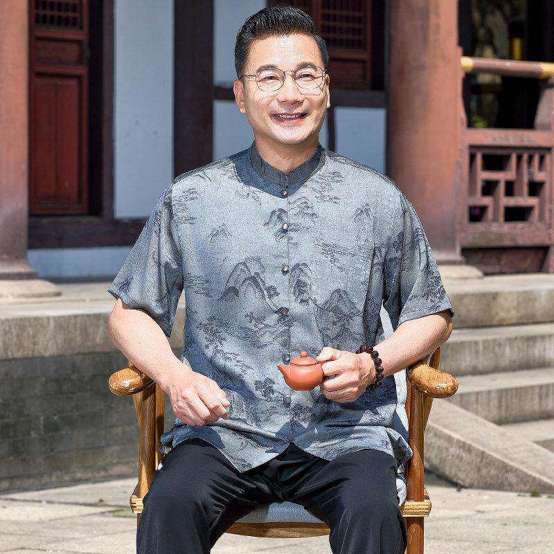 中式唐装男中老年爸爸夏装套装老年人男士爷爷70岁中国风短袖衣服