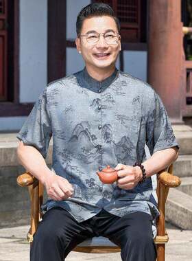 中式唐装男中老年爸爸夏装套装老年人男士爷爷70岁中国风短袖衣服