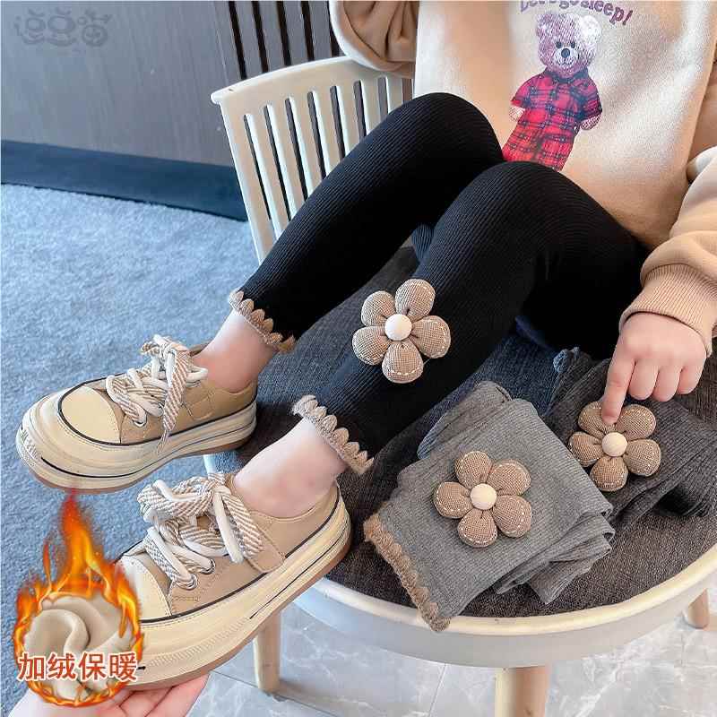 女童加绒裤子秋冬2024新款宝宝冬季打底裤加绒儿童一体绒外穿长裤